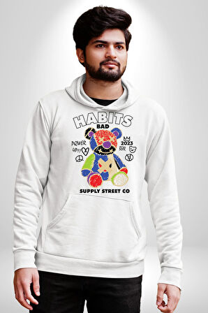 Teddy Sokak Giyimi Ayı Kötü Tavşan Erkek Kadın Beyaz Dijital Baskılı Kapüşonlu Sweatshirt Hoodie