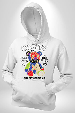 Teddy Sokak Giyimi Ayı Kötü Tavşan Erkek Kadın Beyaz Dijital Baskılı Kapüşonlu Sweatshirt Hoodie
