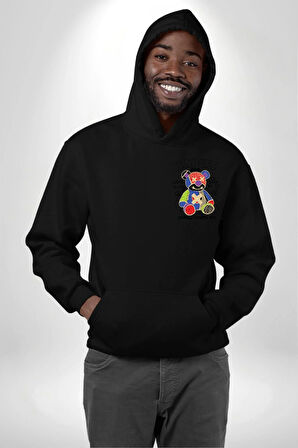 Teddy Sokak Giyimi Ayı Kötü Tavşan Erkek Kadın Siyah Ön Sırt Baskılı Kapüşonlu Sweatshirt Hoodie