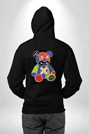 Teddy Sokak Giyimi Ayı Kötü Tavşan Erkek Kadın Siyah Ön Sırt Baskılı Kapüşonlu Sweatshirt Hoodie