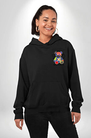 Teddy Sokak Giyimi Ayı Kötü Tavşan Erkek Kadın Siyah Ön Sırt Baskılı Kapüşonlu Sweatshirt Hoodie