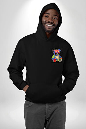 Teddy Sokak Giyimi Ayı Kötü Tavşan Erkek Kadın Siyah Ön Sırt Baskılı Kapüşonlu Sweatshirt Hoodie