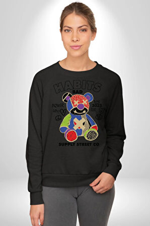 Teddy Sokak Giyimi Ayı Kötü Tavşan Erkek Kadın Unisex Dijital Baskılı Siyah Sweatshirt