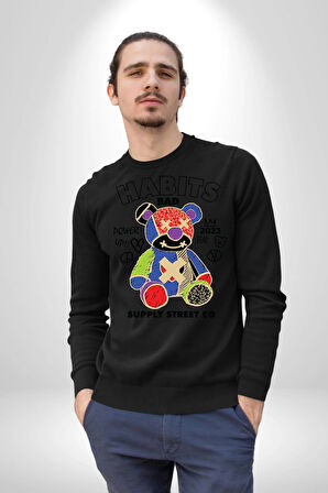 Teddy Sokak Giyimi Ayı Kötü Tavşan Erkek Kadın Unisex Dijital Baskılı Siyah Sweatshirt