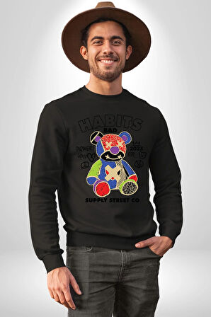 Teddy Sokak Giyimi Ayı Kötü Tavşan Erkek Kadın Unisex Dijital Baskılı Siyah Sweatshirt