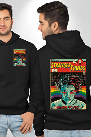 Stranger Things: Season IV "The Nina Project" Erkek Kadın Siyah Ön Sırt Baskılı Kapüşonlu Sweatshirt Hoodie