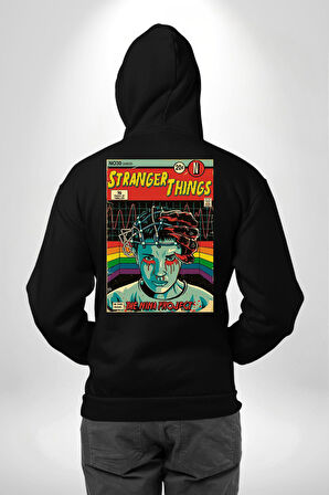 Stranger Things: Season IV "The Nina Project" Erkek Kadın Siyah Ön Sırt Baskılı Kapüşonlu Sweatshirt Hoodie
