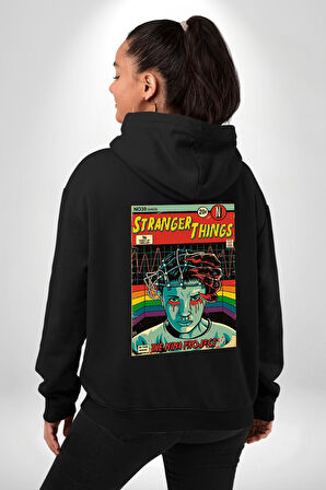 Stranger Things: Season IV "The Nina Project" Erkek Kadın Siyah Ön Sırt Baskılı Kapüşonlu Sweatshirt Hoodie