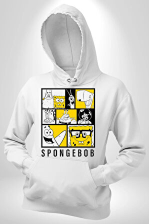 SpongeBob SquarePants Siyah Sarı Karakterler Erkek Kadın Beyaz Dijital Baskılı Kapüşonlu Sweatshirt Hoodie