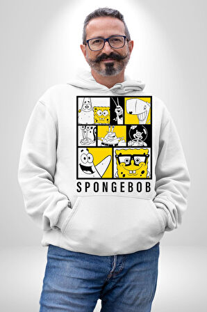 SpongeBob SquarePants Siyah Sarı Karakterler Erkek Kadın Beyaz Dijital Baskılı Kapüşonlu Sweatshirt Hoodie