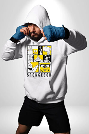 SpongeBob SquarePants Siyah Sarı Karakterler Erkek Kadın Beyaz Dijital Baskılı Kapüşonlu Sweatshirt Hoodie