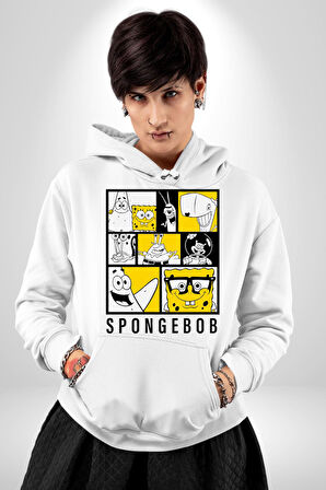 SpongeBob SquarePants Siyah Sarı Karakterler Erkek Kadın Beyaz Dijital Baskılı Kapüşonlu Sweatshirt Hoodie