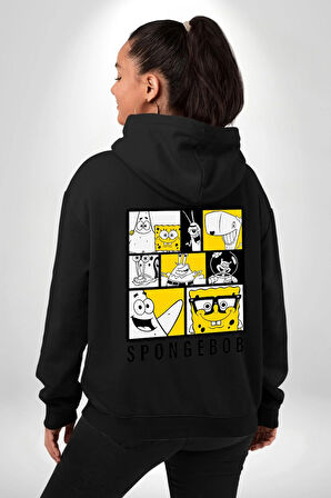 SpongeBob SquarePants Siyah Sarı Karakterler Erkek Kadın Siyah Ön Sırt Baskılı Kapüşonlu Sweatshirt Hoodie
