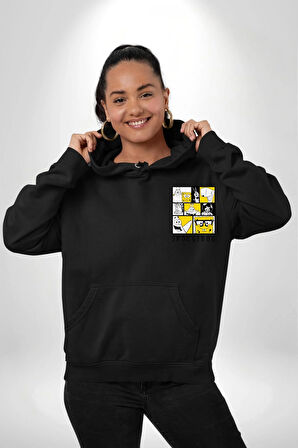 SpongeBob SquarePants Siyah Sarı Karakterler Erkek Kadın Siyah Ön Sırt Baskılı Kapüşonlu Sweatshirt Hoodie