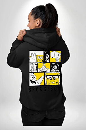 SpongeBob SquarePants Siyah Sarı Karakterler Erkek Kadın Siyah Ön Sırt Baskılı Kapüşonlu Sweatshirt Hoodie