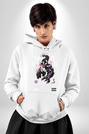 Venom Spider-Man Marvel Kahramanı Erkek Kadın Beyaz Dijital Baskılı Kapüşonlu Sweatshirt Hoodie