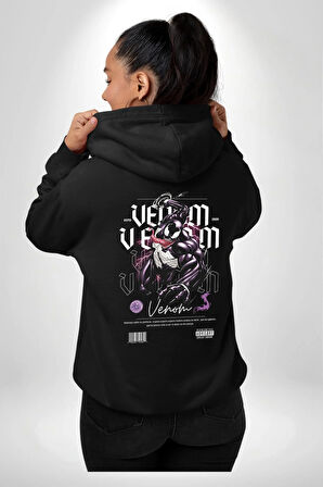 Venom Spider-Man Marvel Kahramanı Erkek Kadın Siyah Ön Sırt Baskılı Kapüşonlu Sweatshirt Hoodie