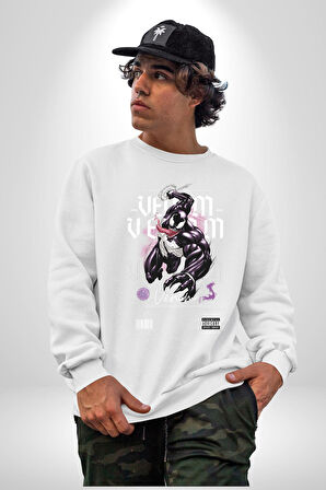 Venom Spider-Man Marvel Kahramanı Erkek Kadın Unisex Dijital Baskılı Beyaz Sweatshirt
