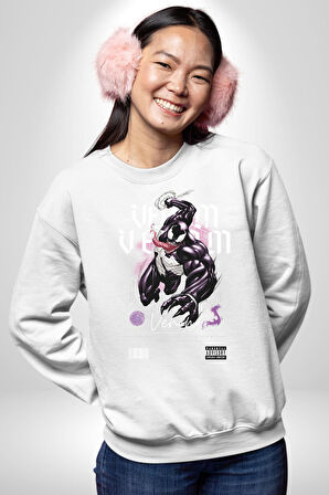 Venom Spider-Man Marvel Kahramanı Erkek Kadın Unisex Dijital Baskılı Beyaz Sweatshirt
