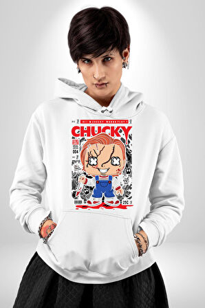 Chucky Korku Karakteri Pop Art Tasarım Erkek Kadın Beyaz Dijital Baskılı Kapüşonlu Sweatshirt Hoodie