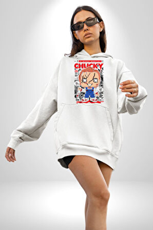Chucky Korku Karakteri Pop Art Tasarım Erkek Kadın Beyaz Dijital Baskılı Kapüşonlu Sweatshirt Hoodie