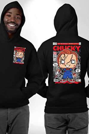 Chucky Korku Karakteri Pop Art Tasarım Erkek Kadın Siyah Ön Sırt Baskılı Kapüşonlu Sweatshirt Hoodie