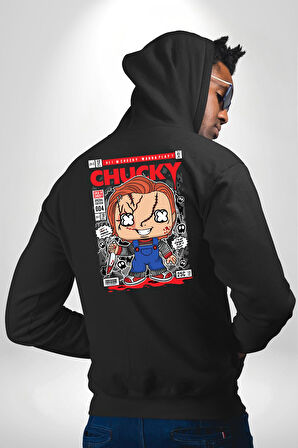 Chucky Korku Karakteri Pop Art Tasarım Erkek Kadın Siyah Ön Sırt Baskılı Kapüşonlu Sweatshirt Hoodie
