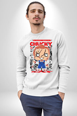 Chucky Korku Karakteri Pop Art Tasarım Erkek Kadın Unisex Dijital Baskılı Beyaz Sweatshirt