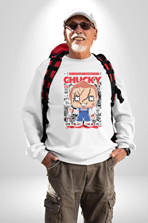 Chucky Korku Karakteri Pop Art Tasarım Erkek Kadın Unisex Dijital Baskılı Beyaz Sweatshirt