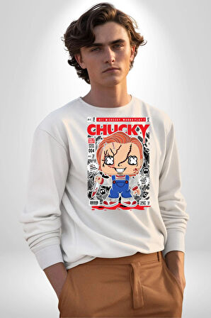 Chucky Korku Karakteri Pop Art Tasarım Erkek Kadın Unisex Dijital Baskılı Beyaz Sweatshirt
