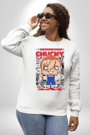 Chucky Korku Karakteri Pop Art Tasarım Erkek Kadın Unisex Dijital Baskılı Beyaz Sweatshirt