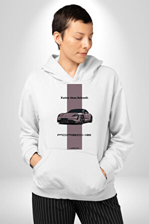Porsche Araba Tasarımı Hız Tutkunlarına Özel Erkek Kadın Beyaz Dijital Baskılı Kapüşonlu Sweatshirt Hoodie