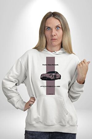 Porsche Araba Tasarımı Hız Tutkunlarına Özel Erkek Kadın Beyaz Dijital Baskılı Kapüşonlu Sweatshirt Hoodie