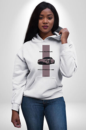 Porsche Araba Tasarımı Hız Tutkunlarına Özel Erkek Kadın Beyaz Dijital Baskılı Kapüşonlu Sweatshirt Hoodie