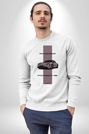 Porsche Araba Tasarımı Hız Tutkunlarına Özel Erkek Kadın Unisex Dijital Baskılı Beyaz Sweatshirt