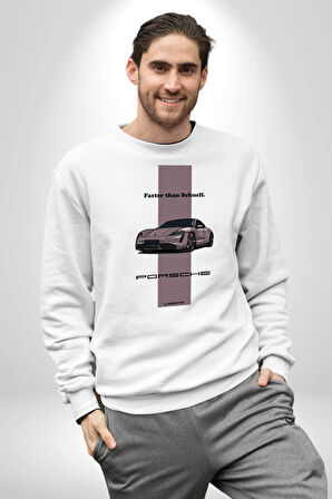 Porsche Araba Tasarımı Hız Tutkunlarına Özel Erkek Kadın Unisex Dijital Baskılı Beyaz Sweatshirt