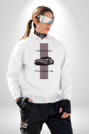 Porsche Araba Tasarımı Hız Tutkunlarına Özel Erkek Kadın Unisex Dijital Baskılı Beyaz Sweatshirt