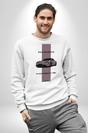 Porsche Araba Tasarımı Hız Tutkunlarına Özel Erkek Kadın Unisex Dijital Baskılı Beyaz Sweatshirt