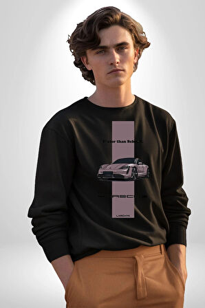 Porsche Araba Tasarımı Hız Tutkunlarına Özel Erkek Kadın Unisex Dijital Baskılı Siyah Sweatshirt
