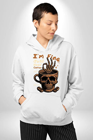 İskelet Kupa Sadece İyi Kahveye İhtiyacım Var Erkek Kadın Beyaz Dijital Baskılı Kapüşonlu Sweatshirt Hoodie
