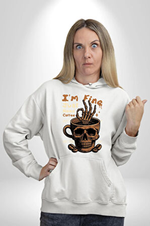 İskelet Kupa Sadece İyi Kahveye İhtiyacım Var Erkek Kadın Beyaz Dijital Baskılı Kapüşonlu Sweatshirt Hoodie