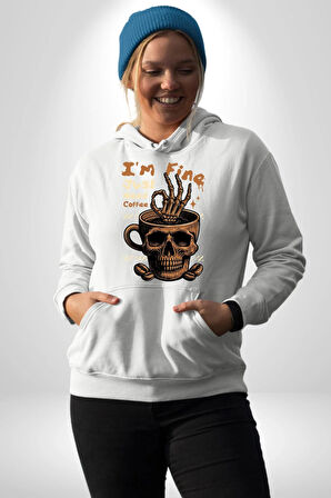 İskelet Kupa Sadece İyi Kahveye İhtiyacım Var Erkek Kadın Beyaz Dijital Baskılı Kapüşonlu Sweatshirt Hoodie