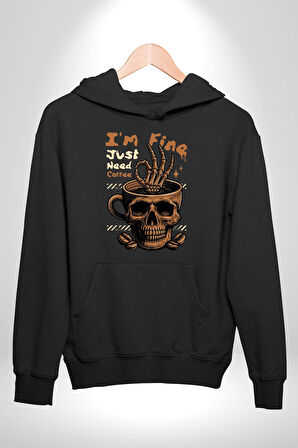 İskelet Kupa Sadece İyi Kahveye İhtiyacım Var Erkek Kadın Siyah Dijital Baskılı Kapüşonlu Sweatshirt Hoodie