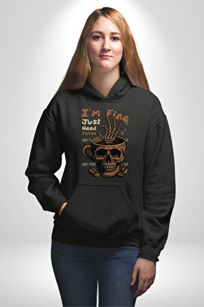 İskelet Kupa Sadece İyi Kahveye İhtiyacım Var Erkek Kadın Siyah Dijital Baskılı Kapüşonlu Sweatshirt Hoodie