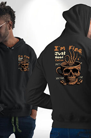 İskelet Kupa Sadece İyi Kahveye İhtiyacım Var Erkek Kadın Siyah Ön Sırt Baskılı Kapüşonlu Sweatshirt Hoodie