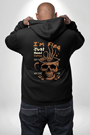İskelet Kupa Sadece İyi Kahveye İhtiyacım Var Erkek Kadın Siyah Ön Sırt Baskılı Kapüşonlu Sweatshirt Hoodie