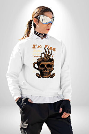 İskelet Kupa Sadece İyi Kahveye İhtiyacım Var Erkek Kadın Unisex Dijital Baskılı Beyaz Sweatshirt