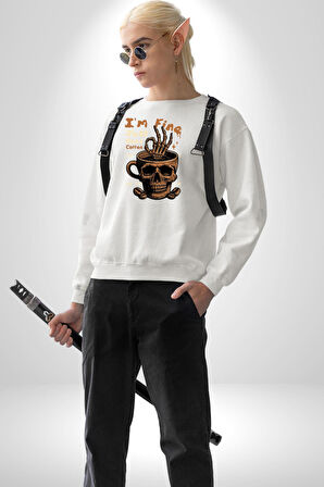 İskelet Kupa Sadece İyi Kahveye İhtiyacım Var Erkek Kadın Unisex Dijital Baskılı Beyaz Sweatshirt