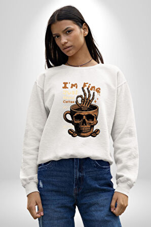 İskelet Kupa Sadece İyi Kahveye İhtiyacım Var Erkek Kadın Unisex Dijital Baskılı Beyaz Sweatshirt