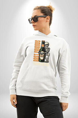 Sonsuza Kadar En İyi Arkadaşım Beer İskelet Erkek Kadın Beyaz Dijital Baskılı Kapüşonlu Sweatshirt Hoodie
